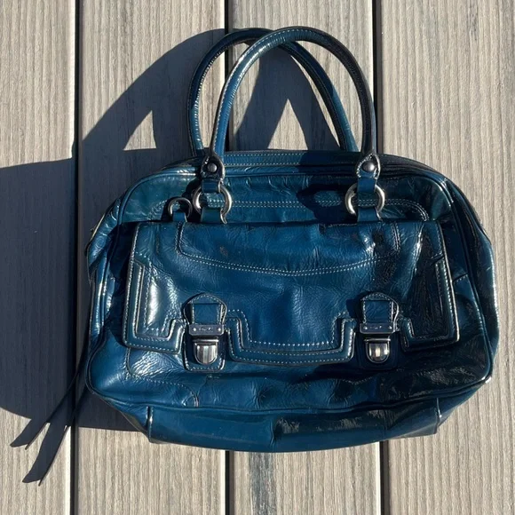 Coach; Navy Blue Patent Leather; Medium; Push Lock; Poppy Satchel; Minor Wear - Picture 2 of 16